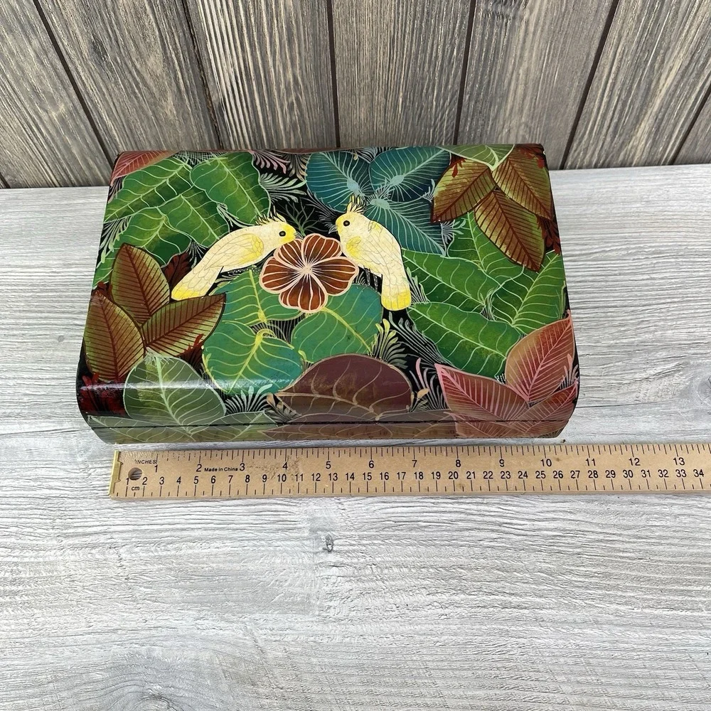 Vintage Hand Painted Wooden Box Parrot Floral Jewelry Storage Trinket